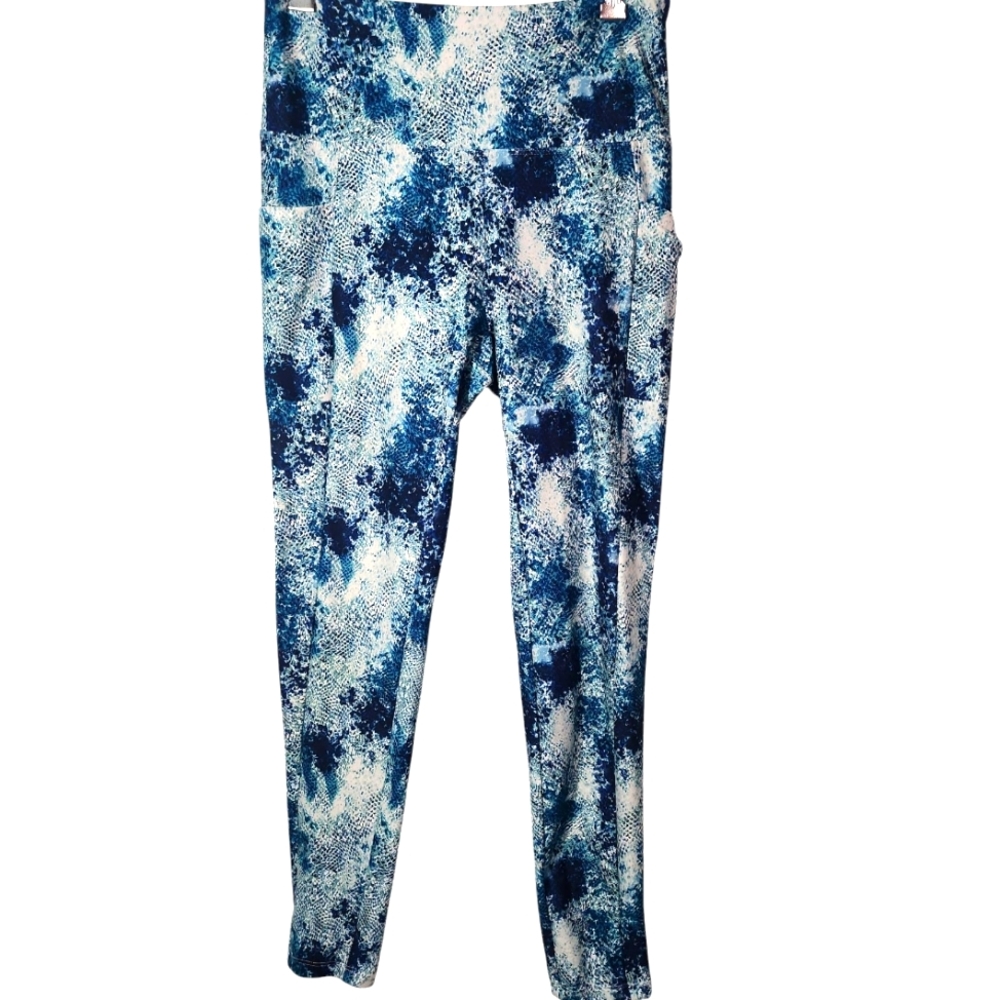 Bally Total Fitness Blue Patterned High Rise Pocket Work Out Leggings. L - Picture 2 of 7